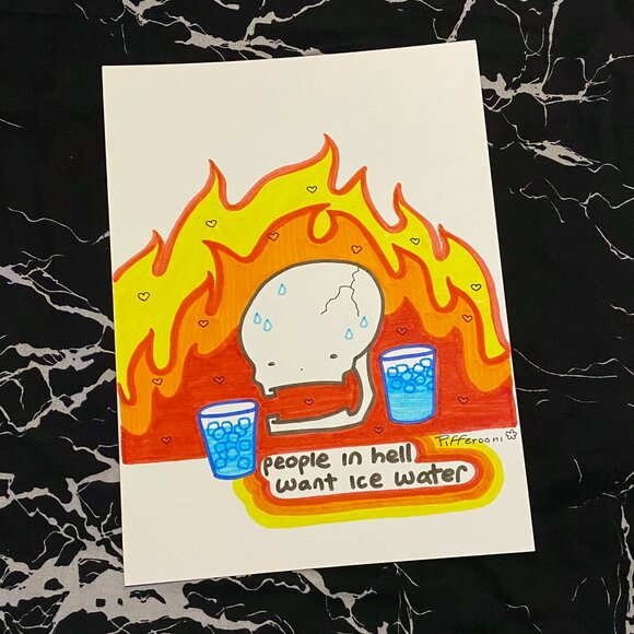 Original ICE WATER HELL cute crazy skull quote poster drawing - Picture 1 of 1